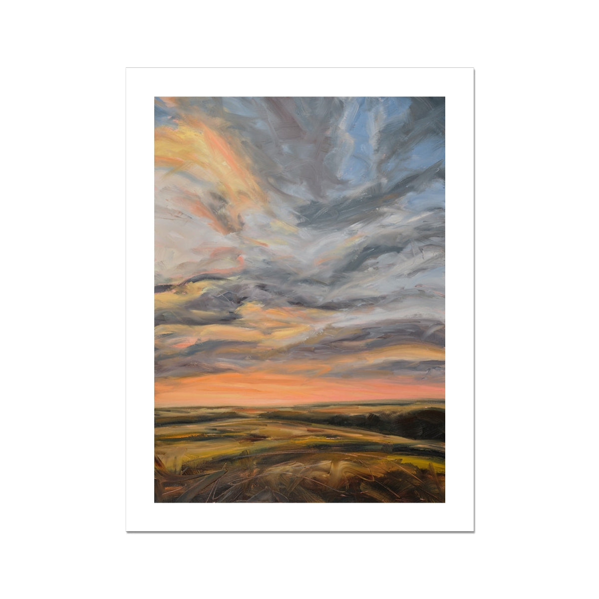 Painting of a sunset over a field with warm colors.