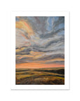 Painting of a sunset over a field with warm colors.