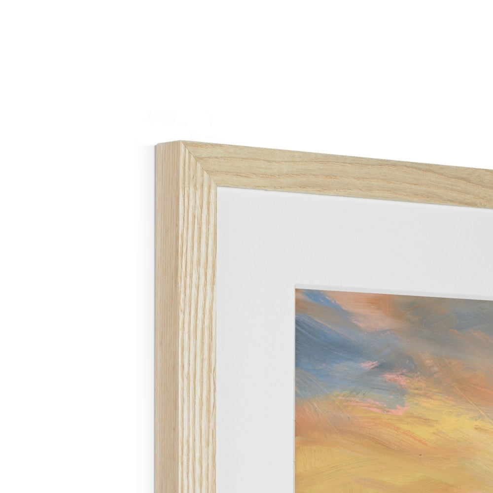 Close-up of a wooden picture frame with a blurred abstract painting inside on a white background