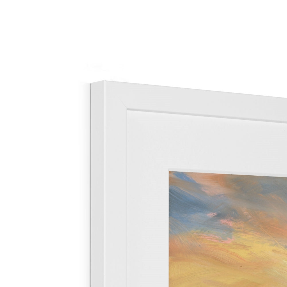 Close-up of a white frame with a colorful abstract painting inside.