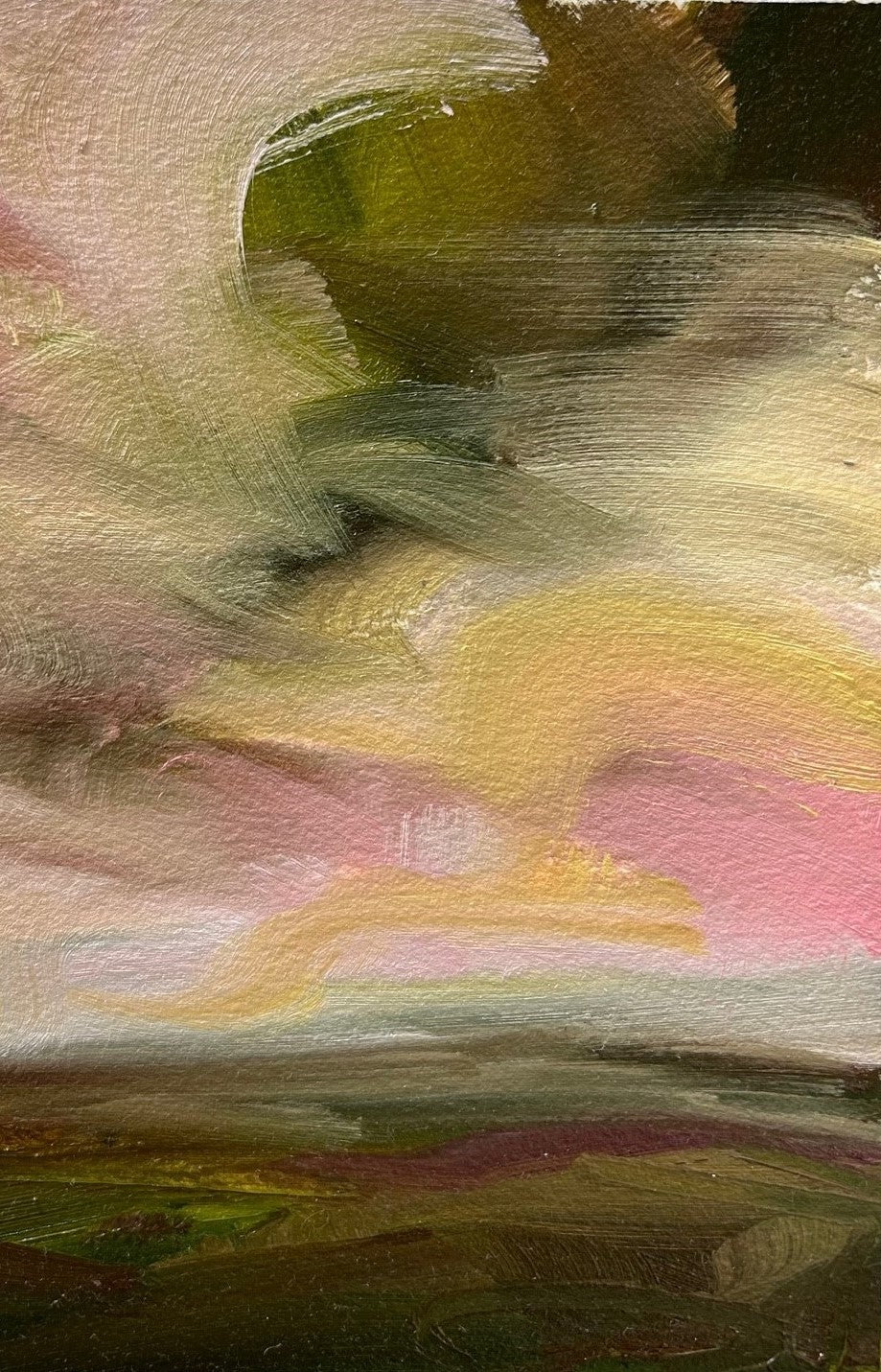 Pink &amp; Green Original Oil On Paper Landscape Painting Detail 2
