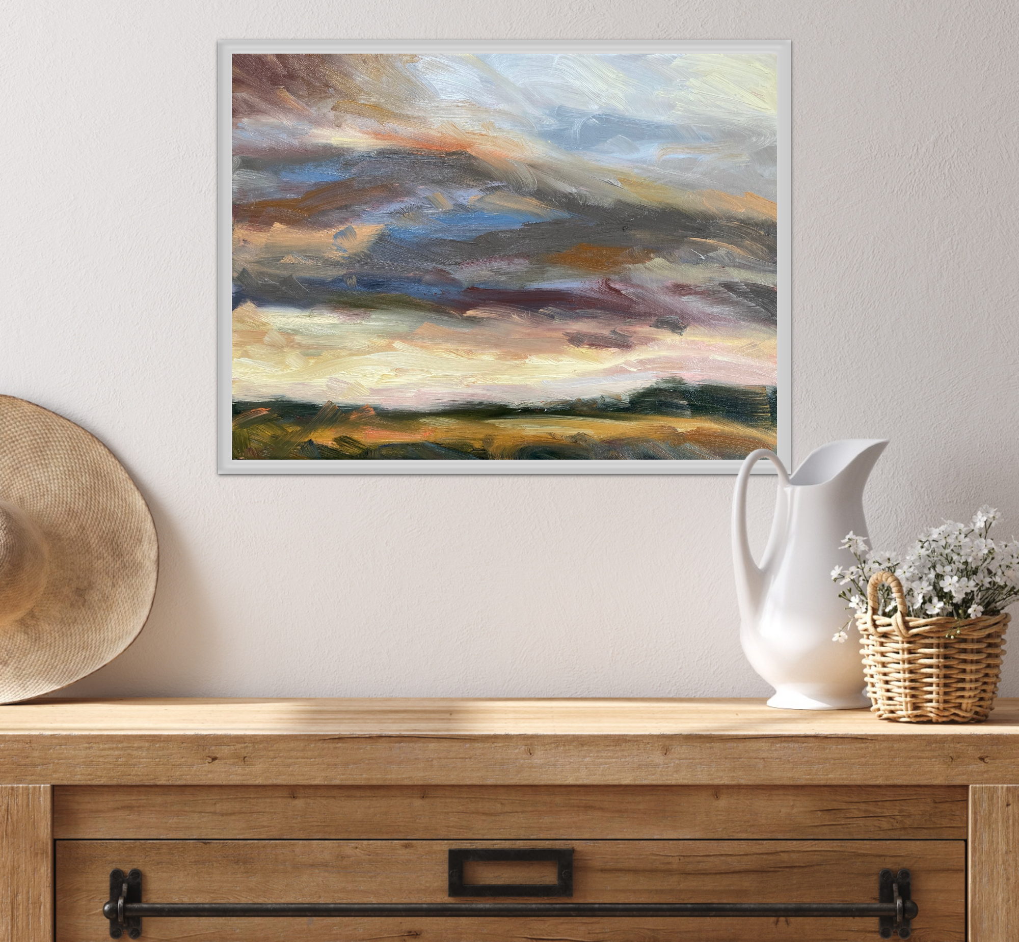 Blustery Day In Autumn Original Oil Landscape Painting In Room Setting 1
