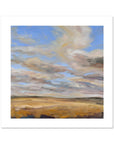 Painting of a landscape with a blue sky and yellow field.