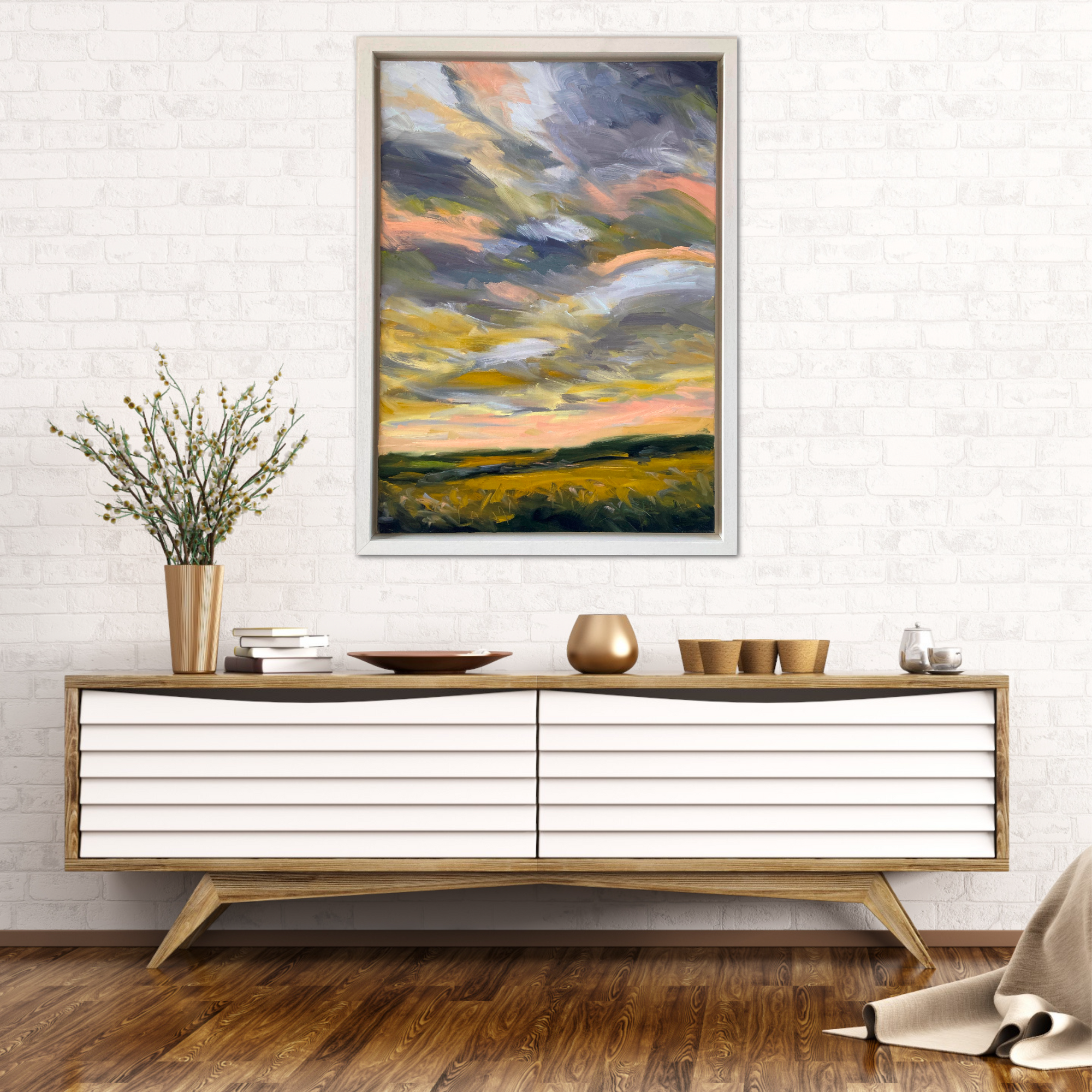 Golden Evening Original Oil Landscape Painting In Room Setting 3