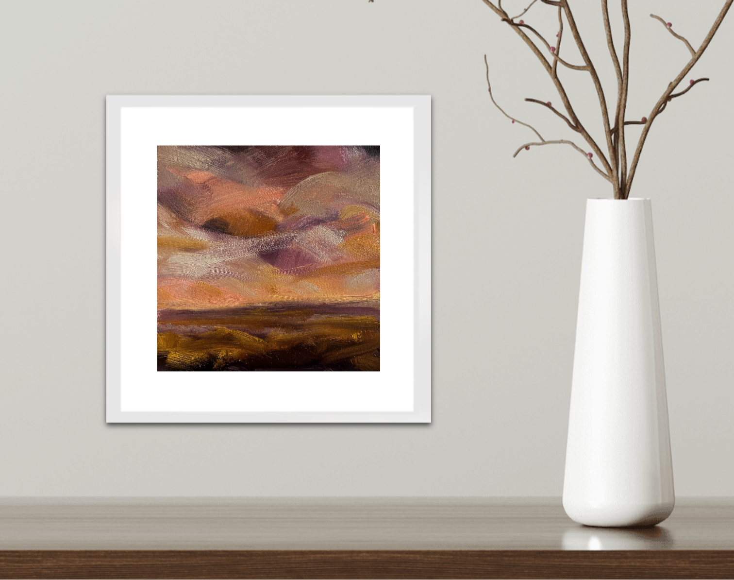 Peach Sky Original Oil On Paper Landscape Painting In Room Setting 1
