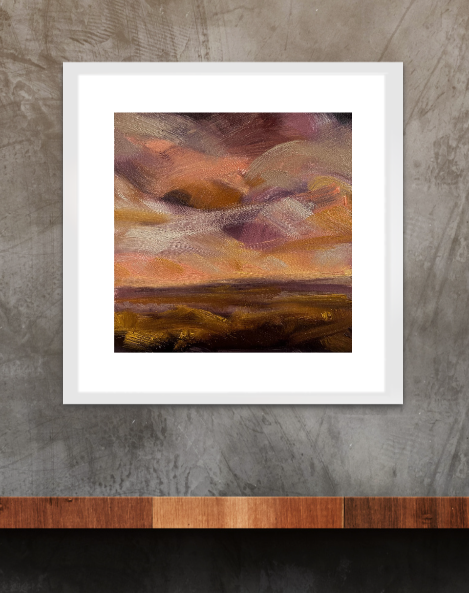 Peach Sky Original Oil On Paper Landscape Painting In Room Setting 2