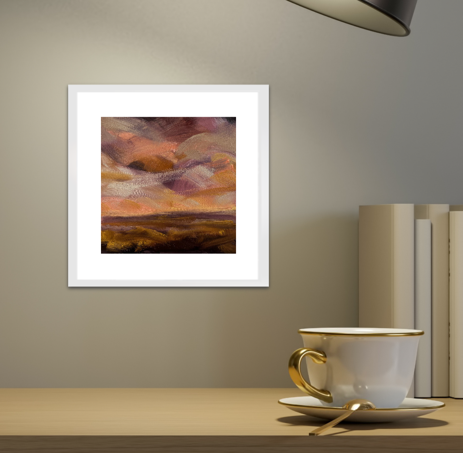 Peach Sky Original Oil On Paper Landscape Painting In Room Setting 3