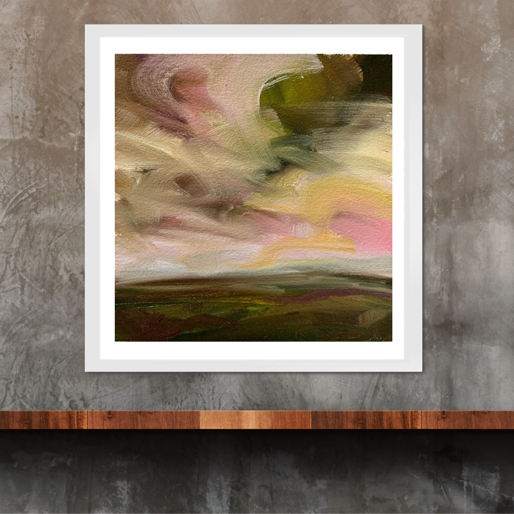 Pink &amp; Green Original Oil On Paper Landscape Painting In Room Setting 1