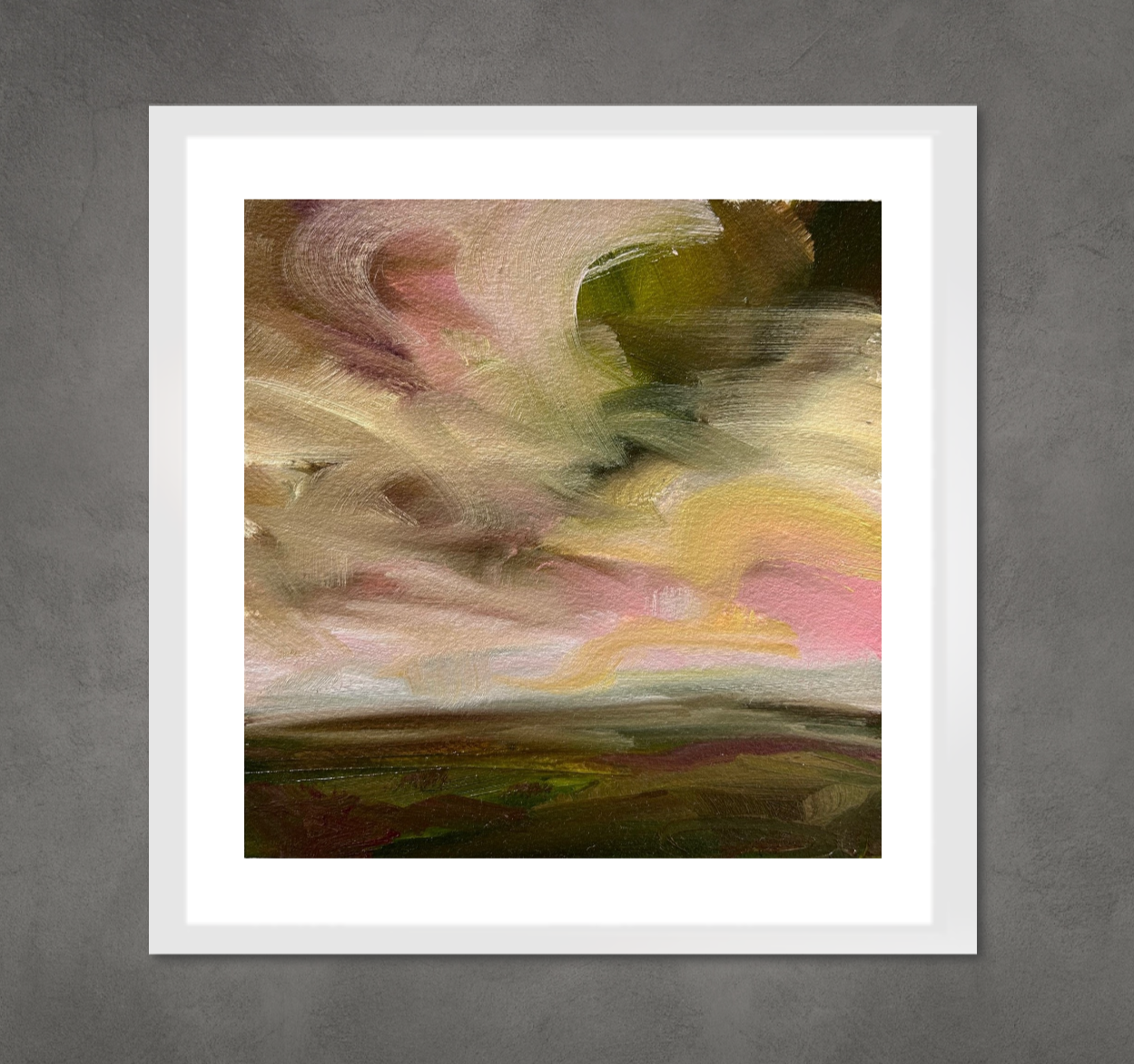 Pink &amp; Green Original Oil On Paper Landscape Painting In Room Setting 2