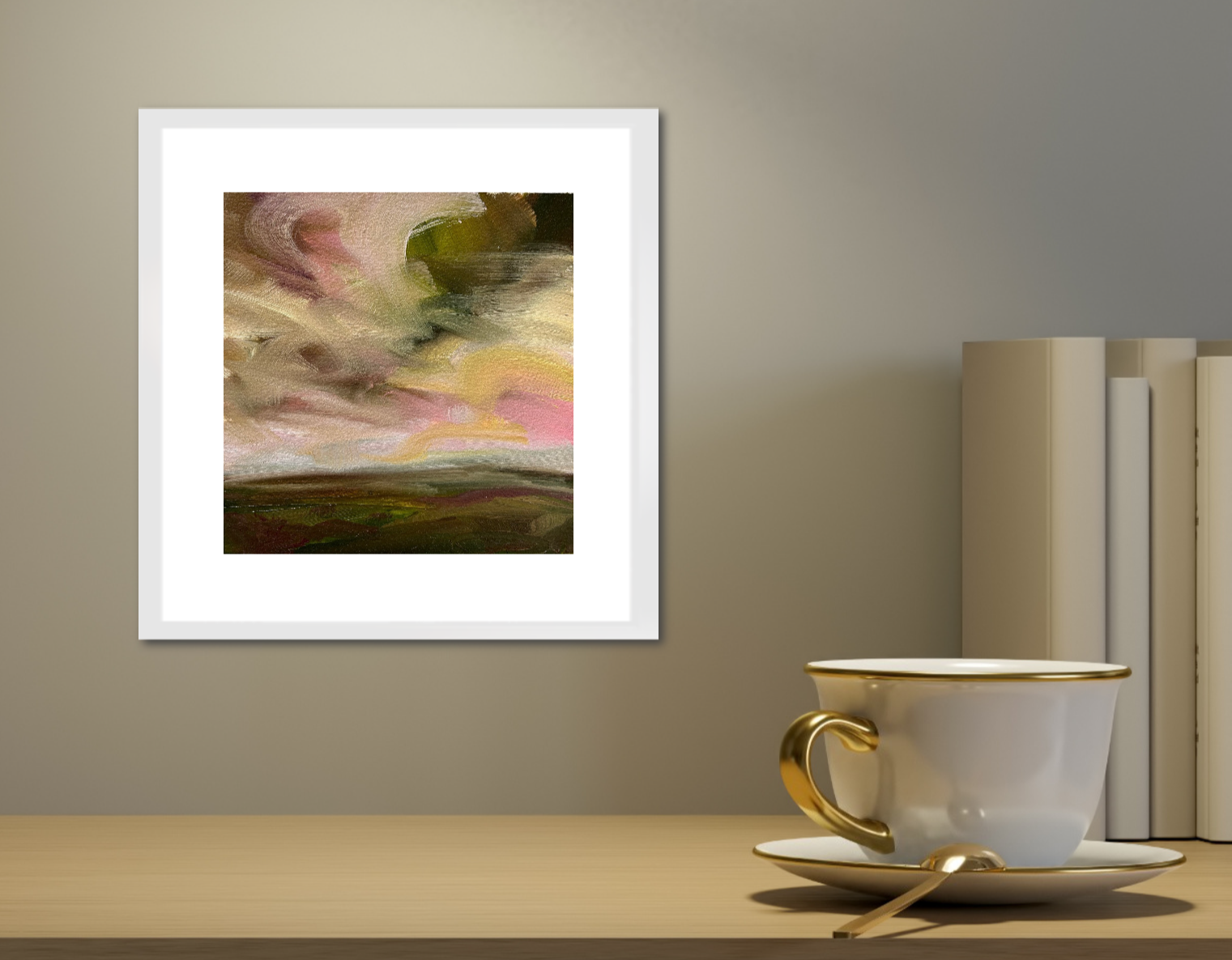 Pink &amp; Green Original Oil On Paper Landscape Painting In Room Setting 3