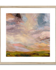 Framed abstract painting with soft pastel colors on a white background