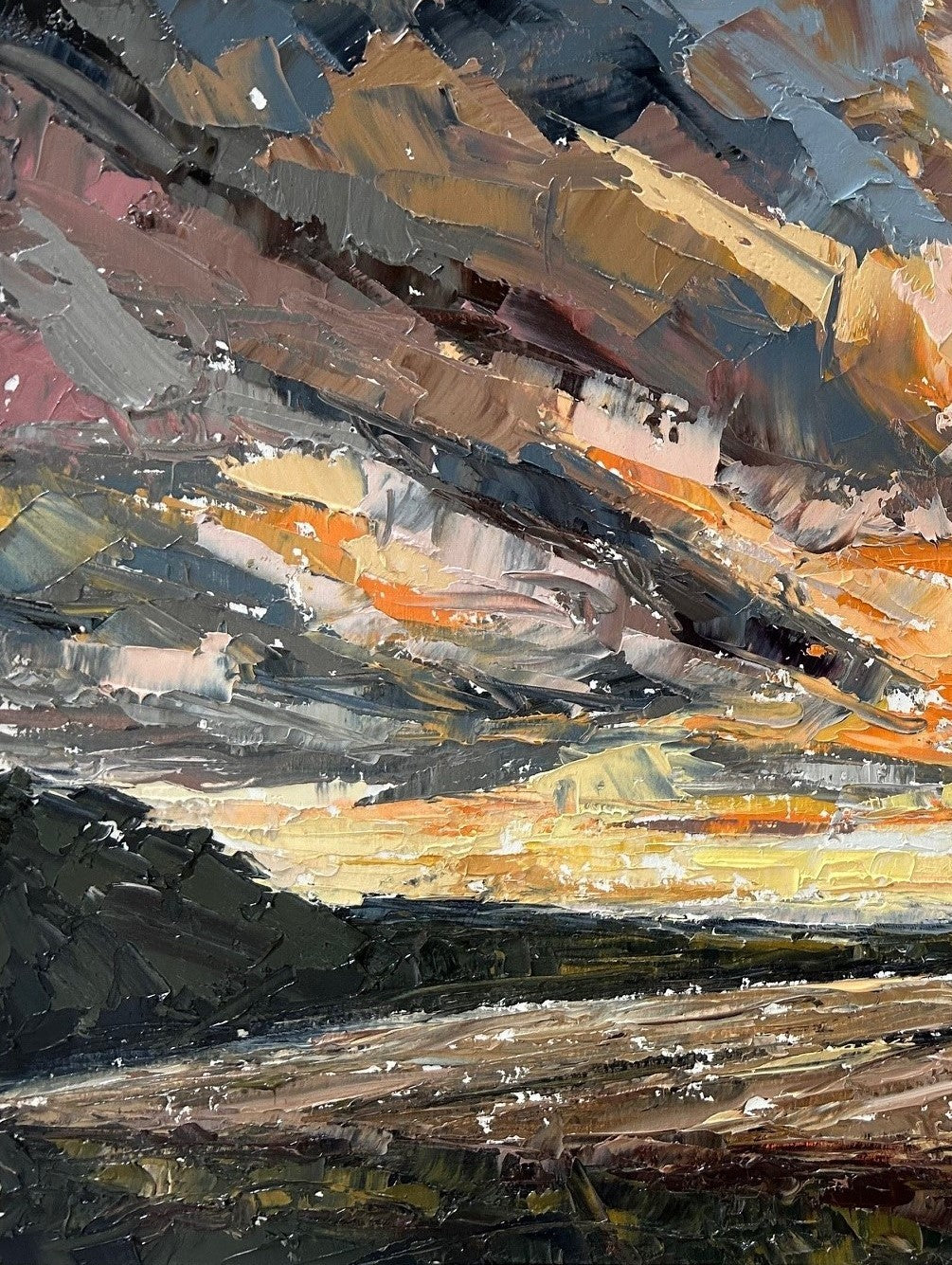 The Sky Is Ablaze Original Oil Landscape Palette Knife Painting Detail 1