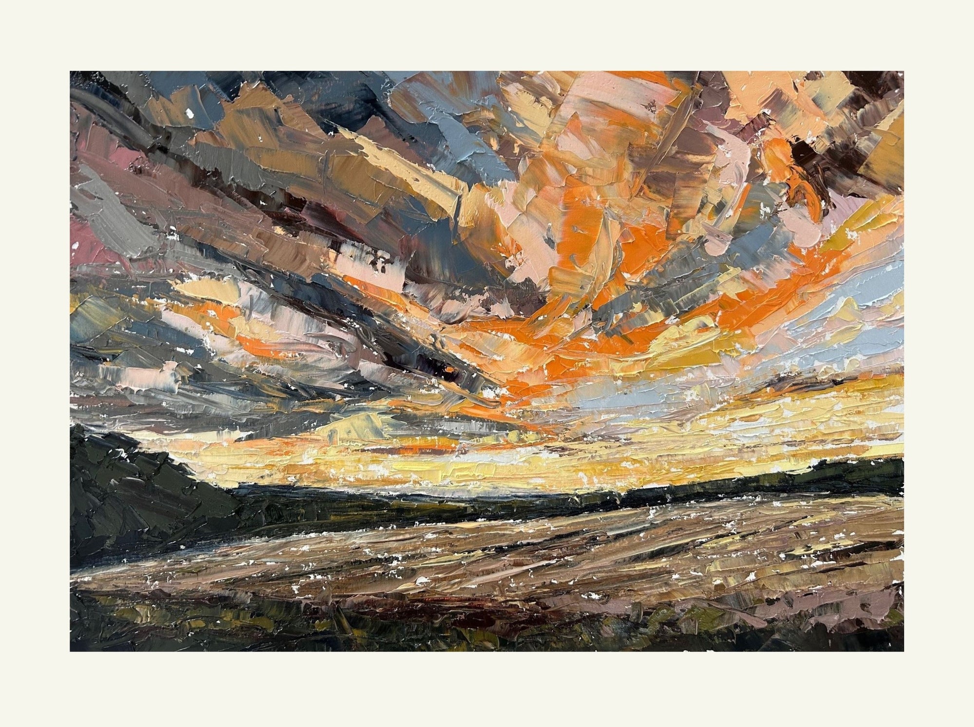 The Sky Is Ablaze Original Oil Landscape Palette Knife Painting With Warm Mount